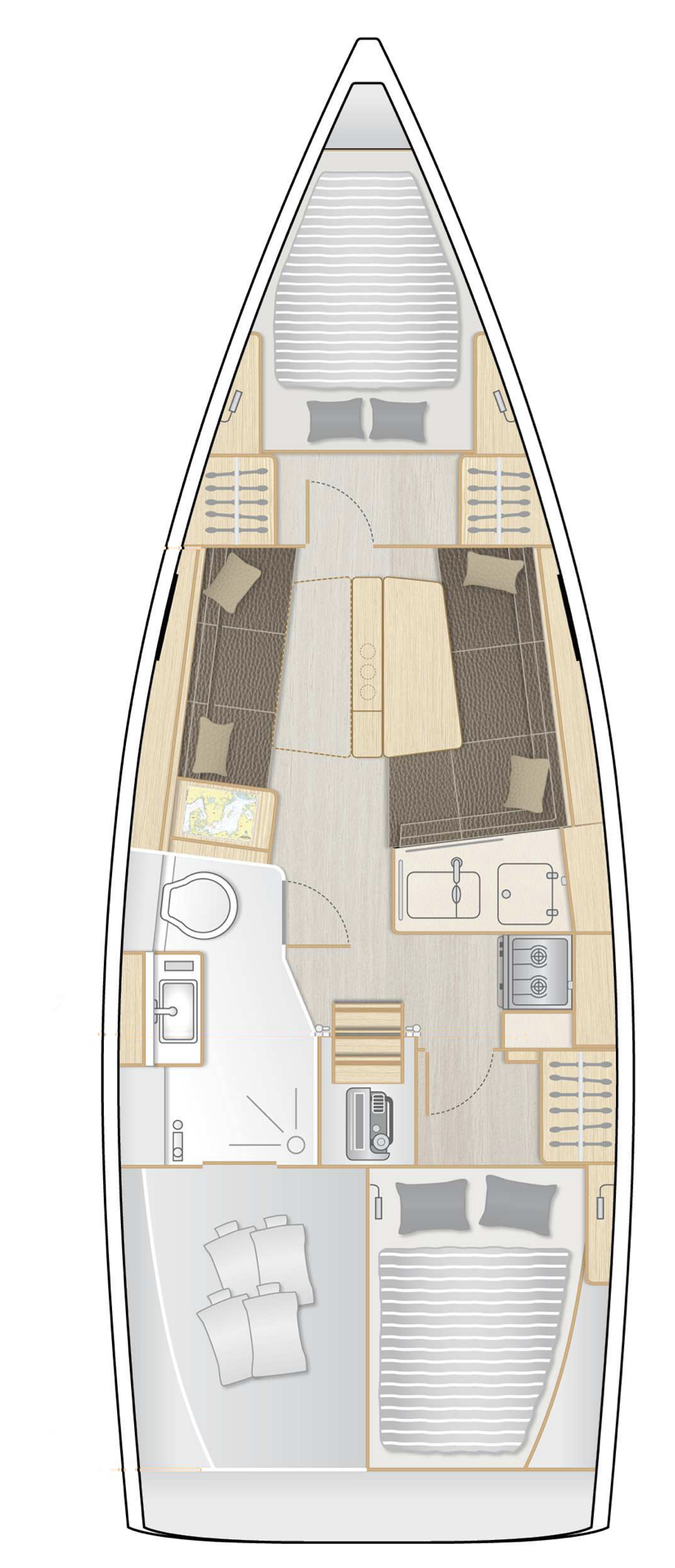 Inredningsplan för Solvind — layout under däck